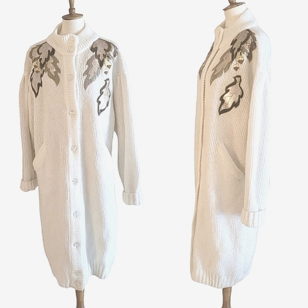 Vintage 70's‎ Por Le Chois Cream AycrlicMetallic Leather Applique Long Cardigan